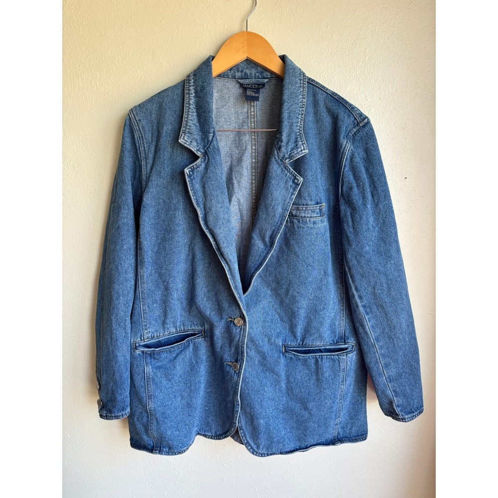 Baccini Womens Denim Blazer Jacket Medium Wash Blue 100% Cotton‎ Size Large